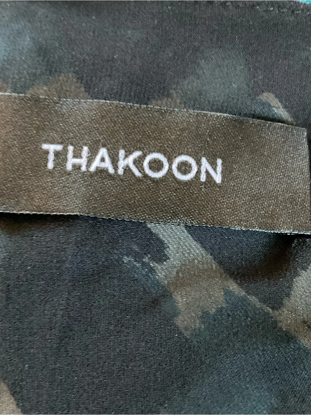 Thakoon Silk Dress Abstract Print Puff Sleeve Asymmetrical Hem Tie Neck Size 4‎